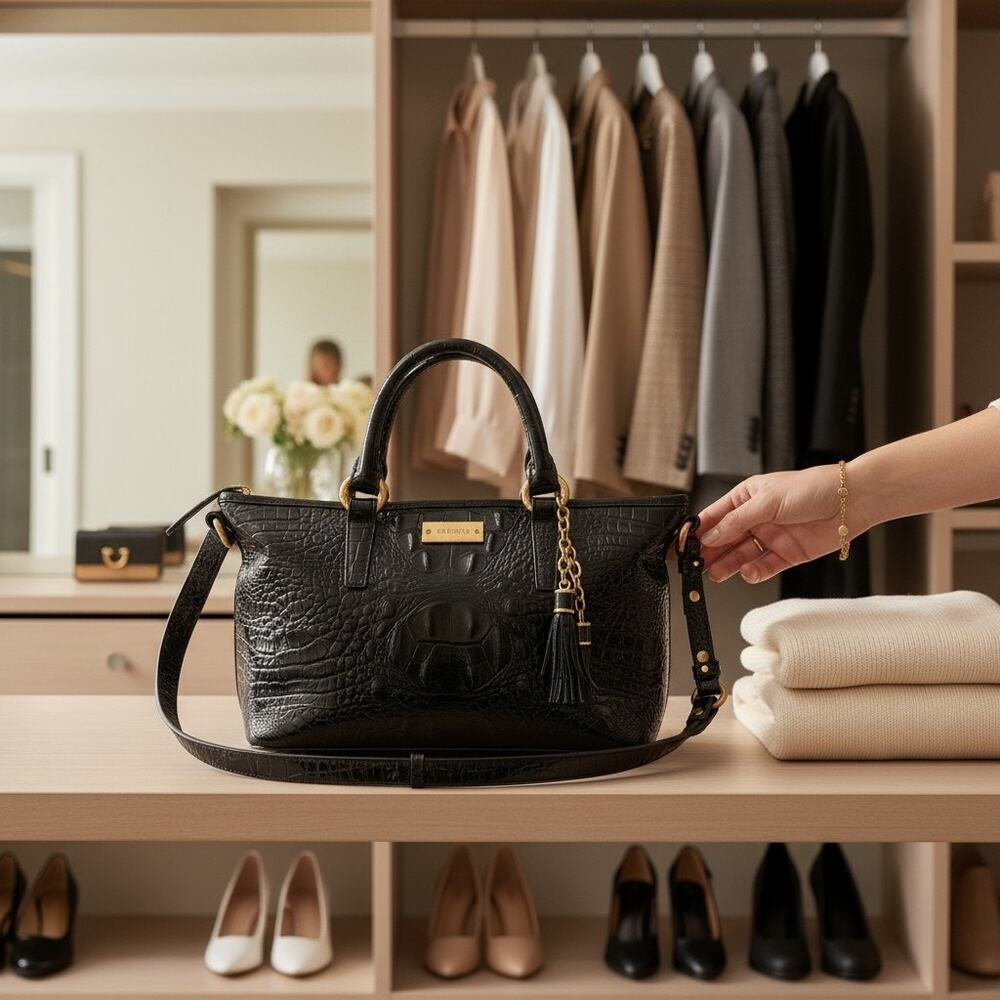 Brahmin Mini Asher Black Melbourne Croc Embossed Leather Satchel Crossbody